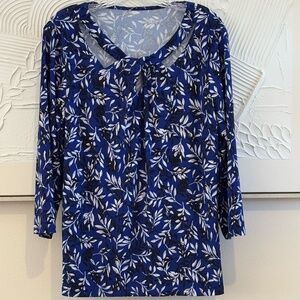 meison Women's 3/4 Sleeve Twist Neck Blue Floral Blouse Top Shirt